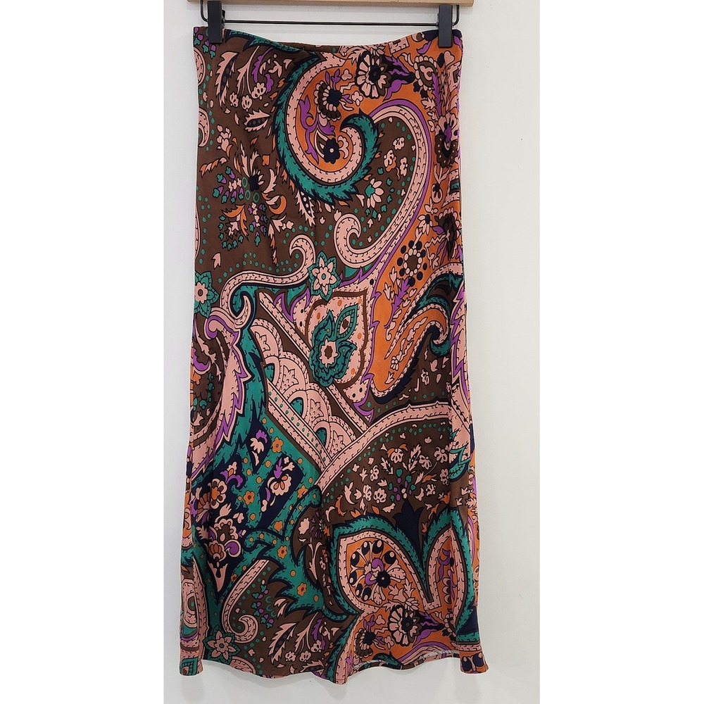 Anthropologie Paisley Midi Skirt Womens XS Brown Teal Orange Boho Elastic‎ Waist